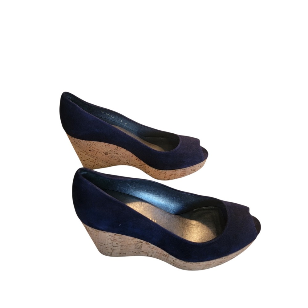 Stuart Weitzman Anna Peep Toe Wedges W sz 9, Navy Blue Suede Cork Platform Pumps - Picture 3 of 8